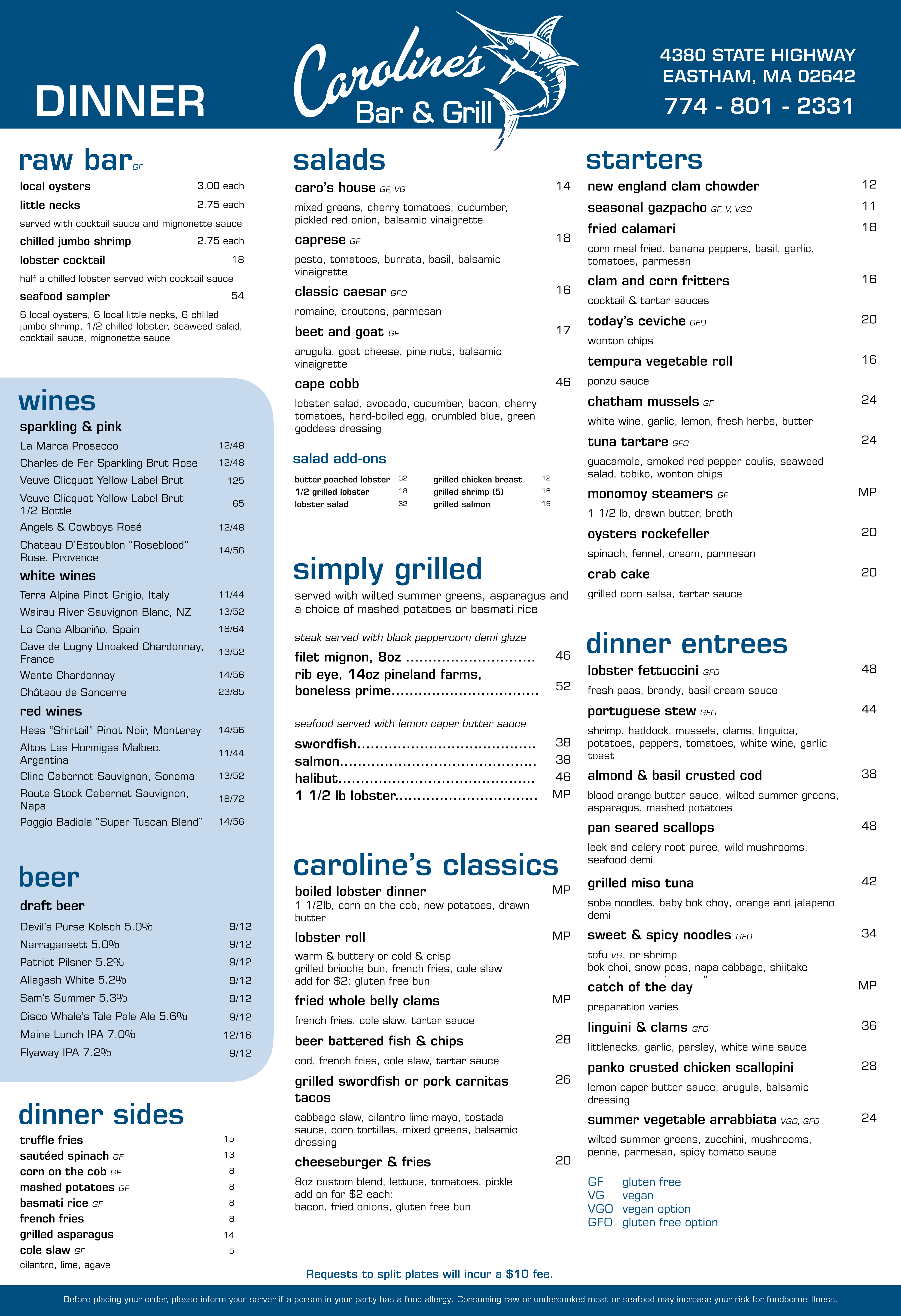 Caroline's Dinner Menu